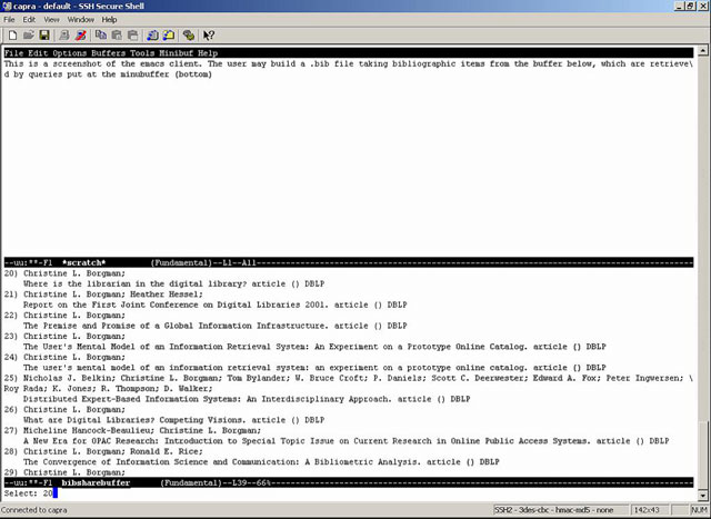 Screenshot showing the use of Bibshare in emacs